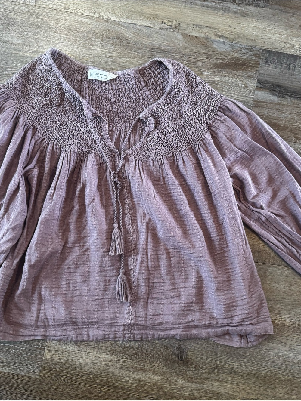 Lucky Brand Dusty Mauve Crochet Yoke Tassel Blouse
